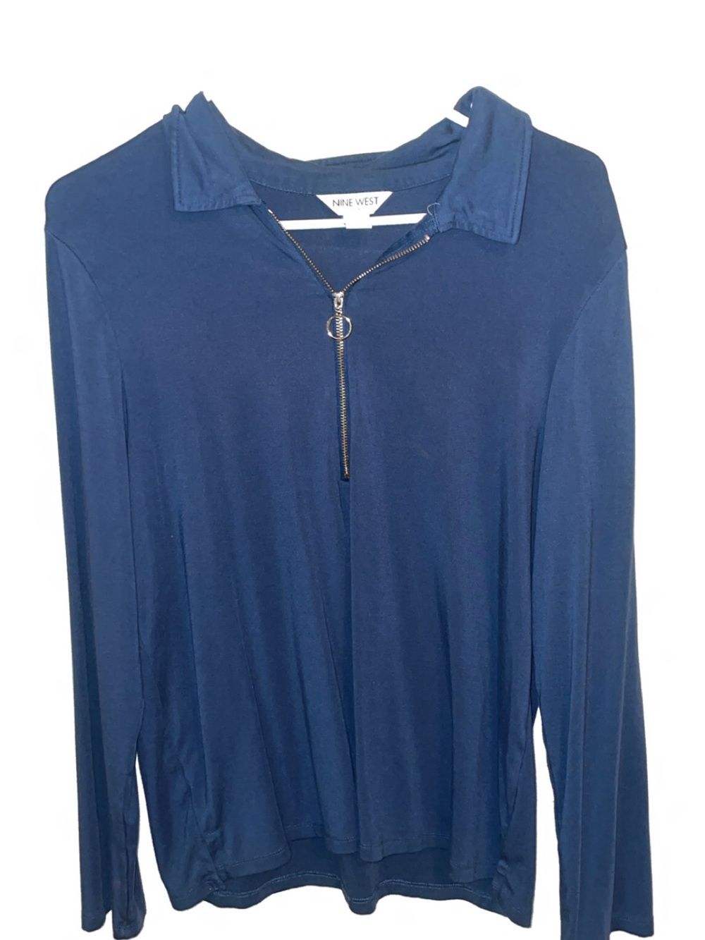Nine West Navy Blue Zip-Front Long Sleeve Polo Top